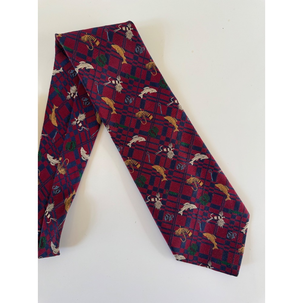 Eddie Bauer Mens Red Navy Plaid Silk Tie Trout Fly Fishing Outdoor Theme 57"